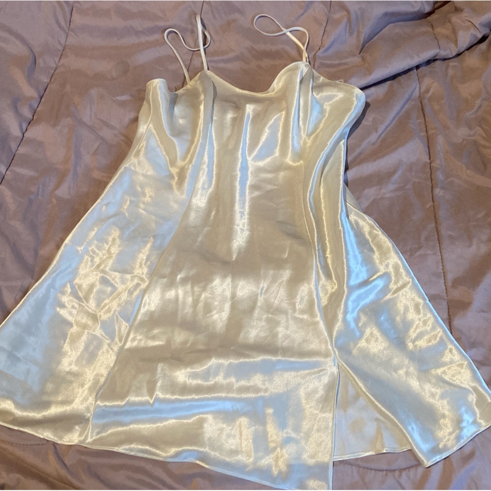 White silk slip dress with slit in the side